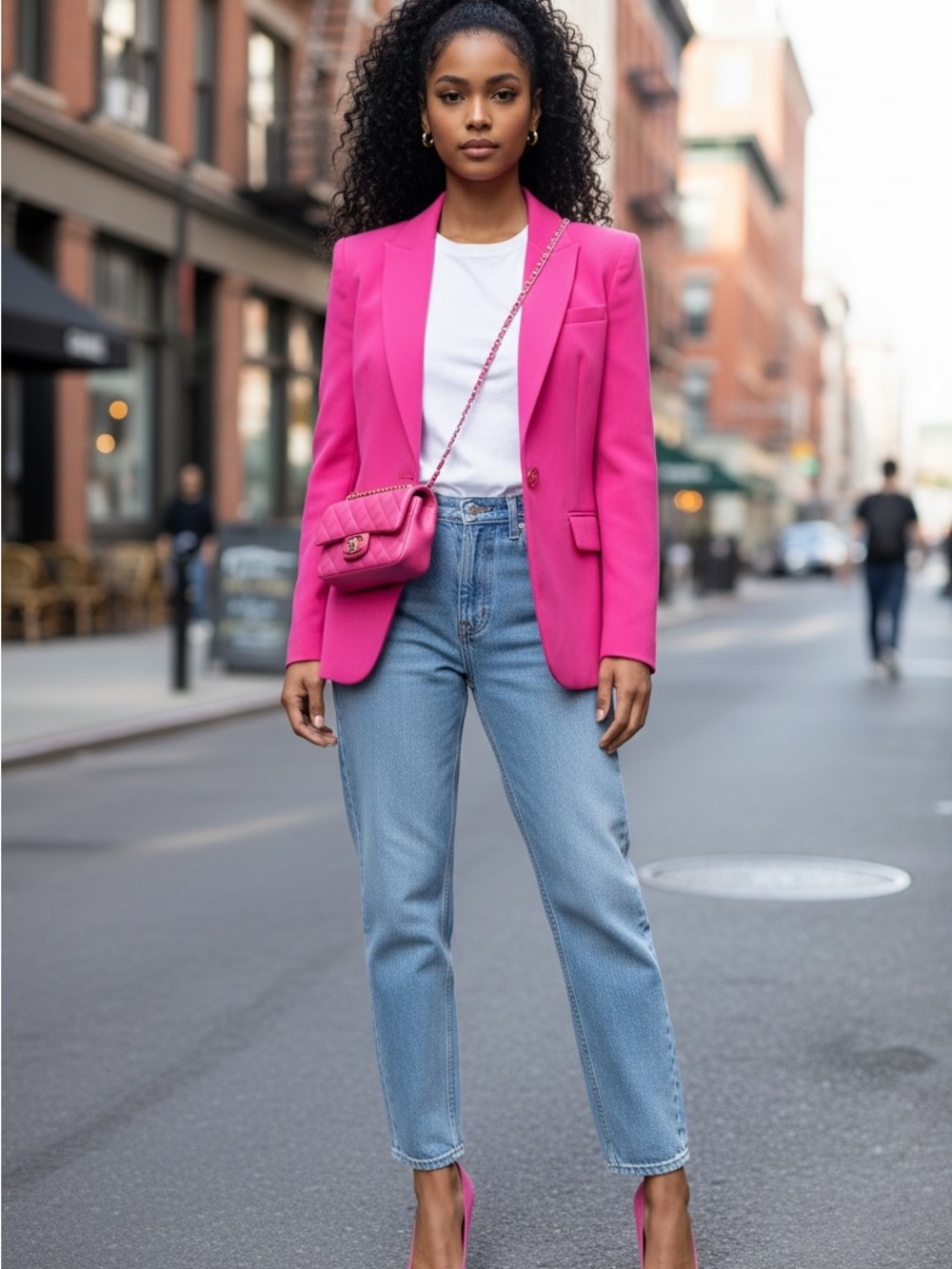 Chanel button on Jules & Leopold Hot Pink Single-Button Blazer